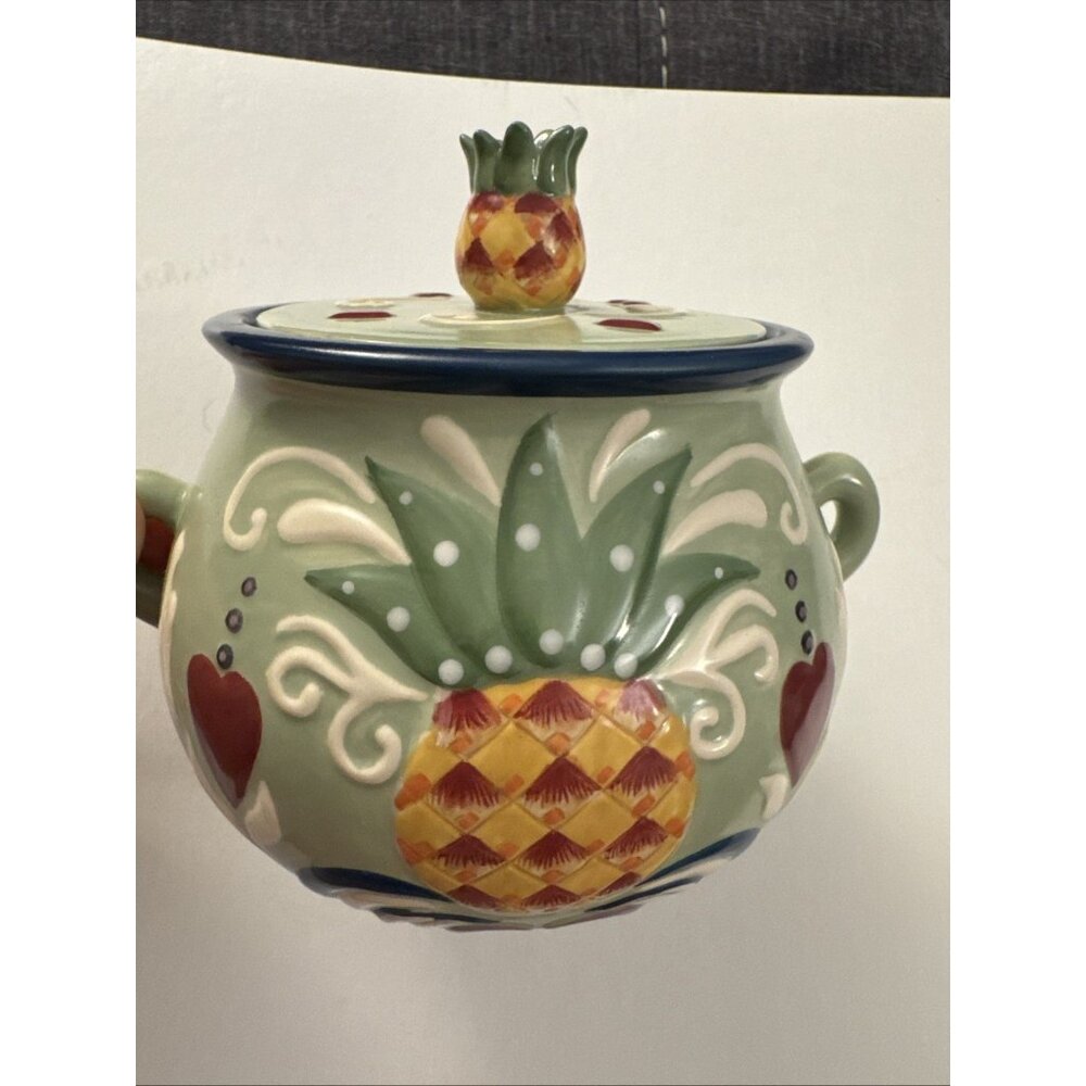 2003 Jim Shore Ceramic Jar Candle with Lid Green Pineapple Hearts Used  MM27